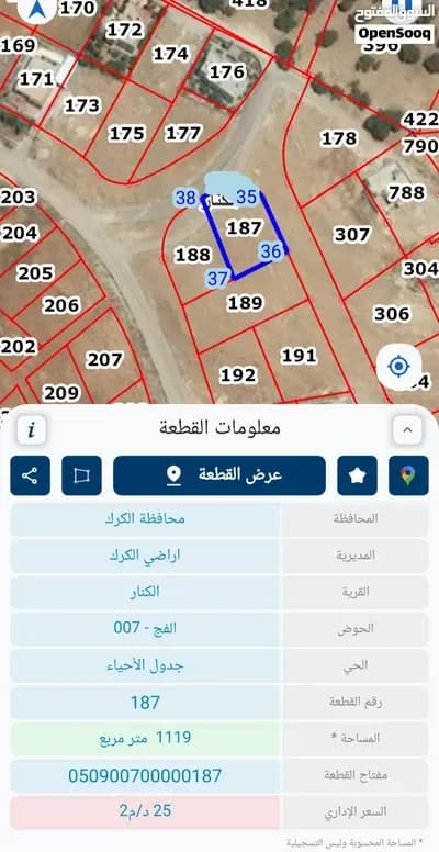 ارض للبيع الكرك ( مساحه 1119 متر مربع ) سكني — أرض في الكرك